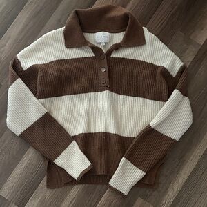 Brown and Cream Striped Knit Polo Sweater